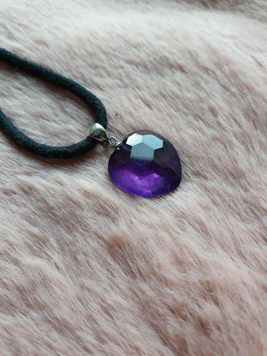 Faceted amethyst heart on black cord or sterling silver chain