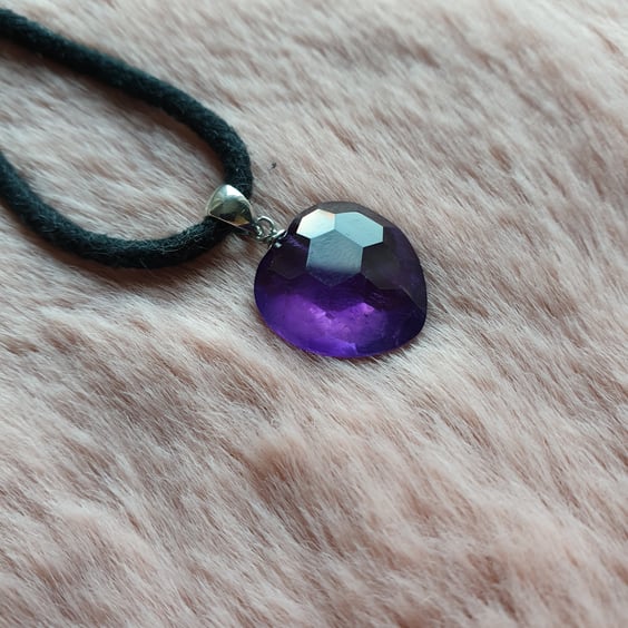 Faceted amethyst heart on black cord or sterling silver chain