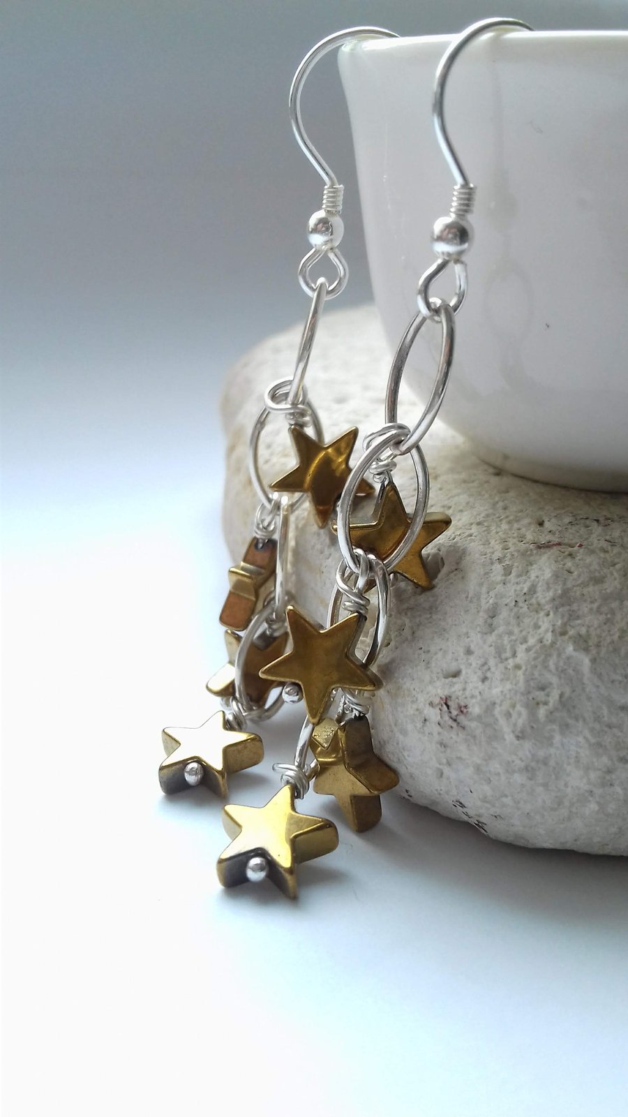 Gold Coloured Star and Sterling Silver Waterfall Earrings