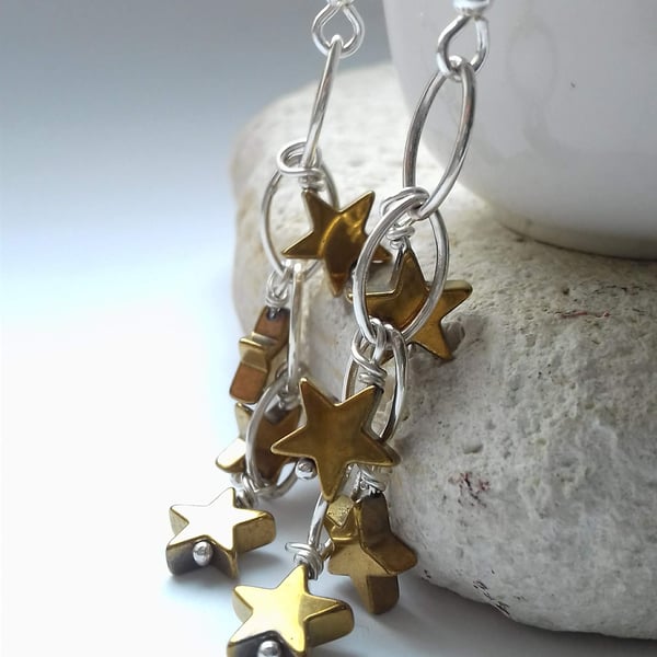 Gold Coloured Star and Sterling Silver Waterfall Earrings