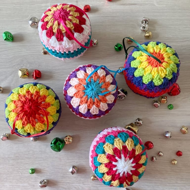 Crochet Christmas Baubles Set of 5 - Bright Colours - Tree Decorations