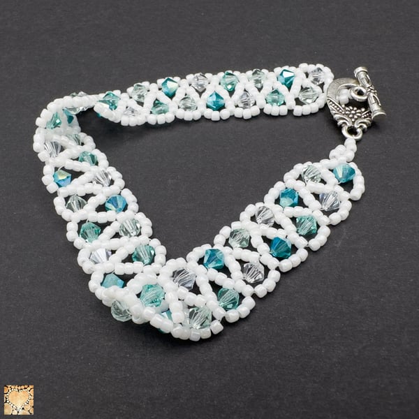 Handmade Crystal and Bead Bracelet White and Blues