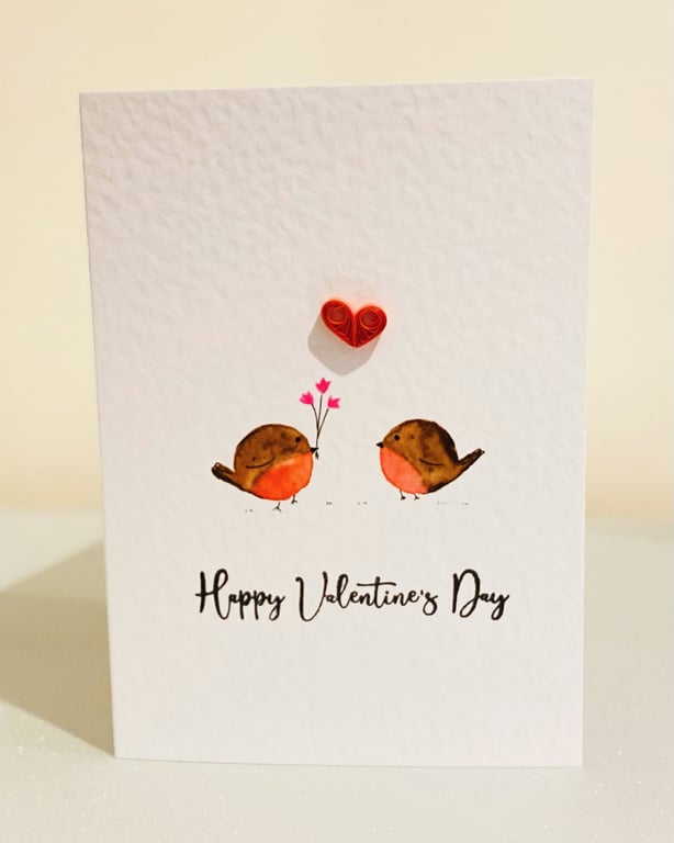 Hand painted robin card with a quilled red heart