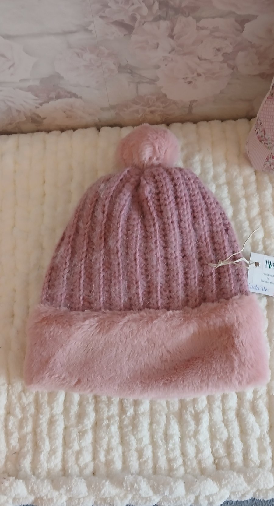 Crocheted fur rimmed and lined ladies or teens 10%Alpaca wool hat handmade by me