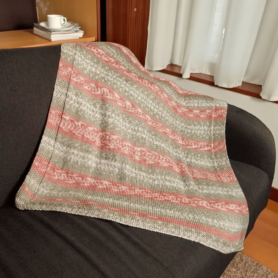 Hand Knitted Baby Blanket – Sage Green, Pink & Cream Fair Isle Pram Cover