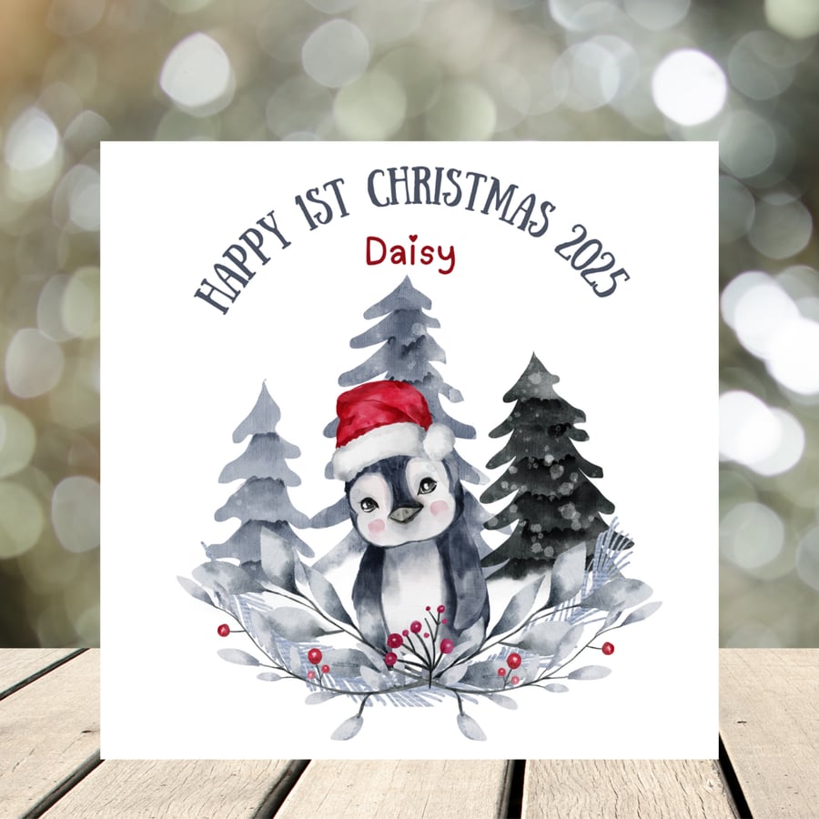 Babies 1st Christmas Card, watercolour cute penguin design, personalised.