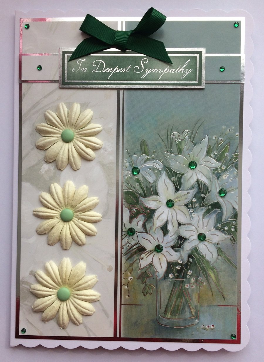 3D Luxury Handmade Card In Deepest Sympathy Vase of White Lilies