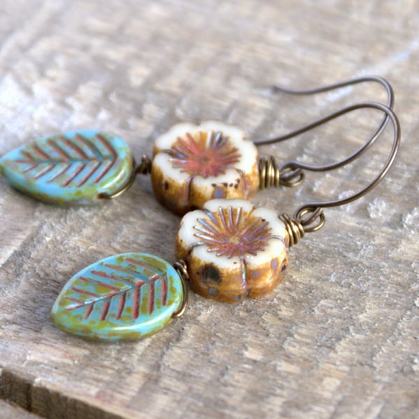 Spring Inspired Czech Glass Leaf Earrings