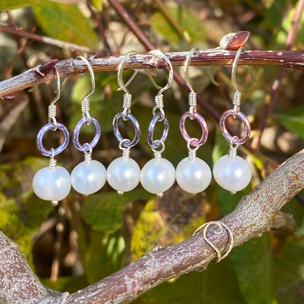 Freshwater Pearl and Aluminium Hoop Earrings. Sterling Silver