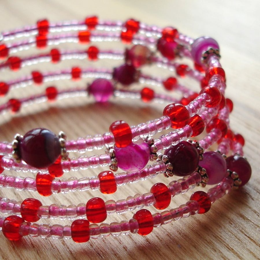 Pink Sparkle Glass Bead Spiral Bracelet