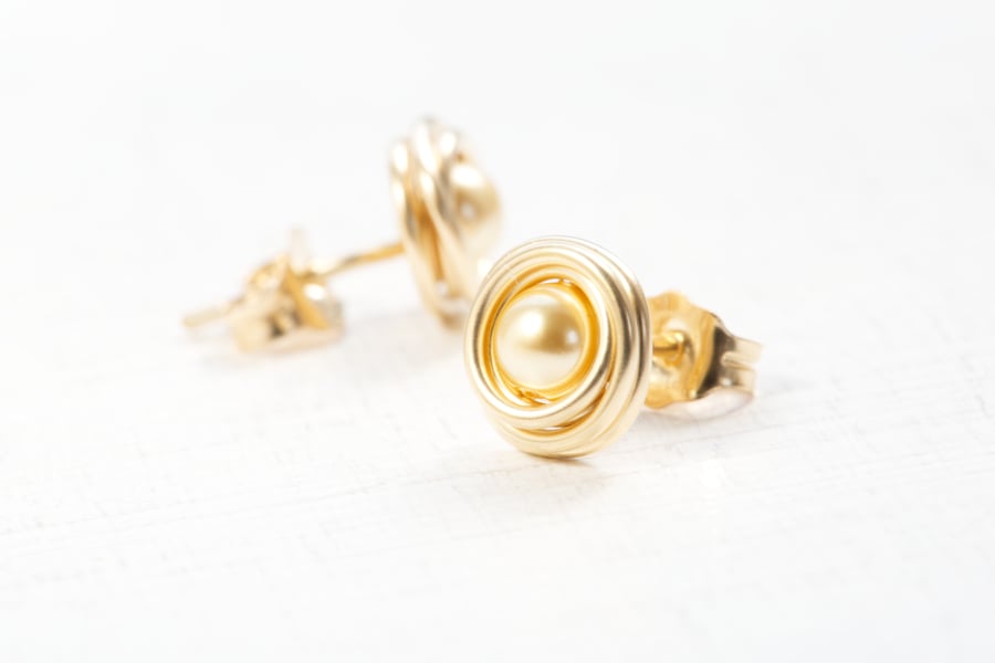 Handmade 14K Gold Filled Small Stud Earrings with Swarovski Pearl - Gold