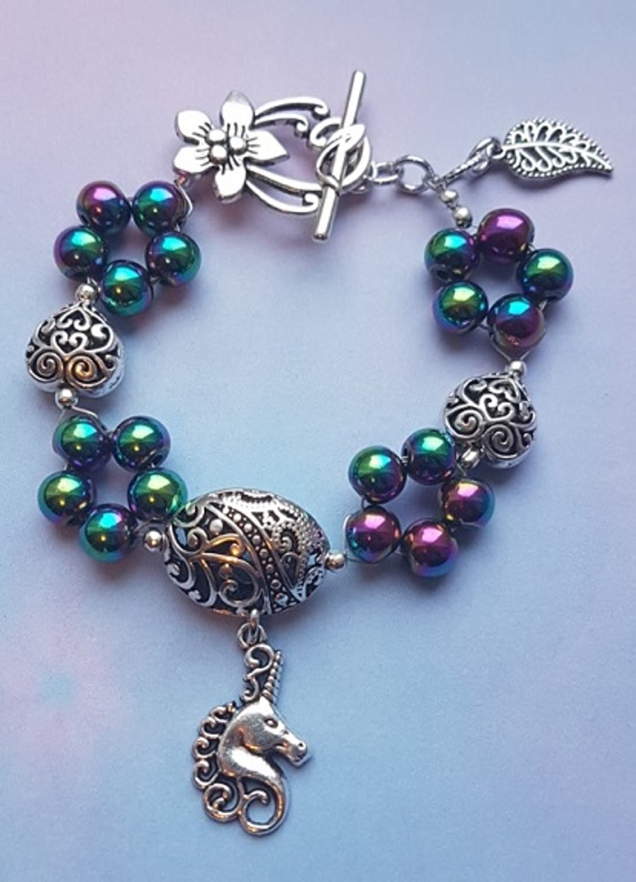 Unicorn Charm bracelet 3 with Rainbow Haematite beads