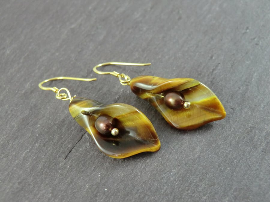 Tiger's Eye Calla Lily Earrings, Brown Flower Earrings