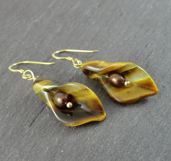 Tiger's Eye Calla Lily Earrings, Brown Flower Earrings