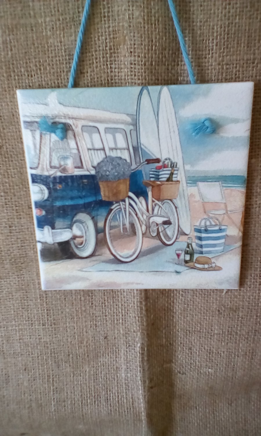Decoupage Wall Tile  Coastal Inspired Camper Van Hand Finished