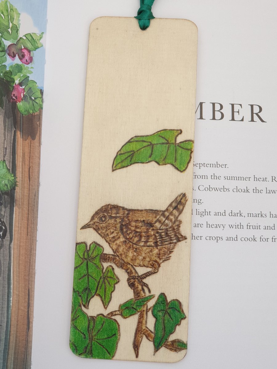 Wren wooden bookmark handburnt using pyrography 