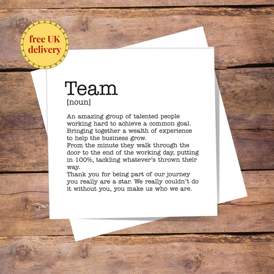 Team Thank You Definition Card, blank inside. Free delivery.
