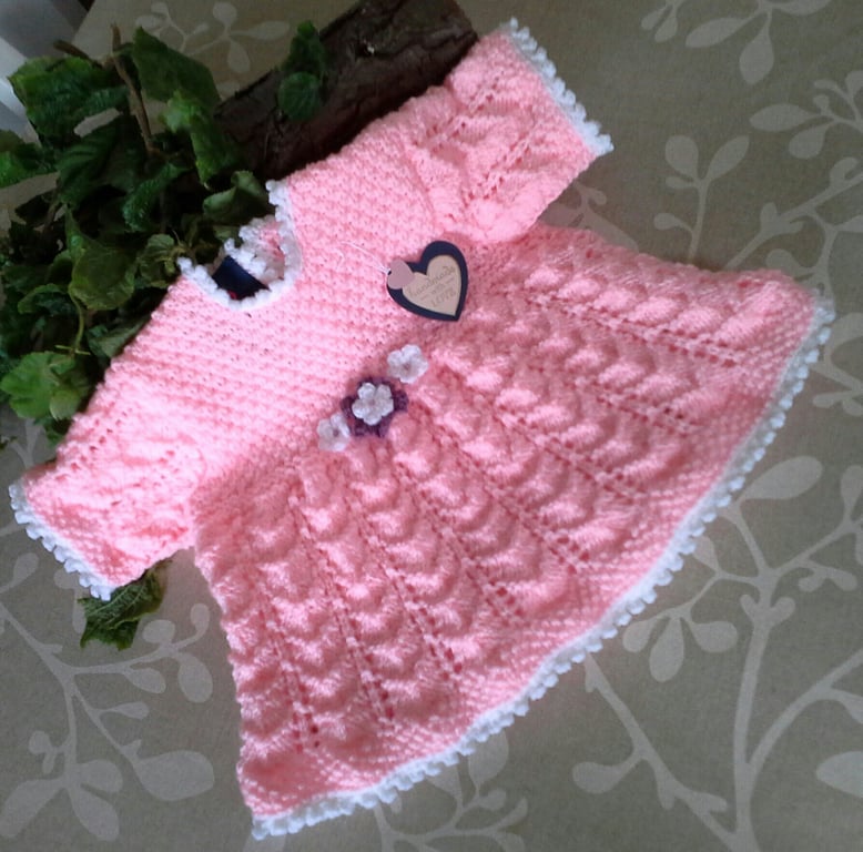 Traditionally Inspired Pink Lacey Hand Knitted Baby Girl's Dress 0-6 months