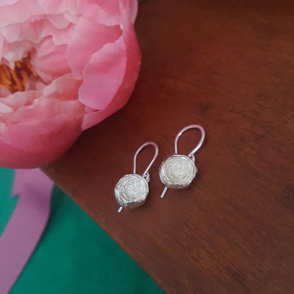 Silver Peony Earrings, Sterling Silver Flower Drops, Botanical Jewelry
