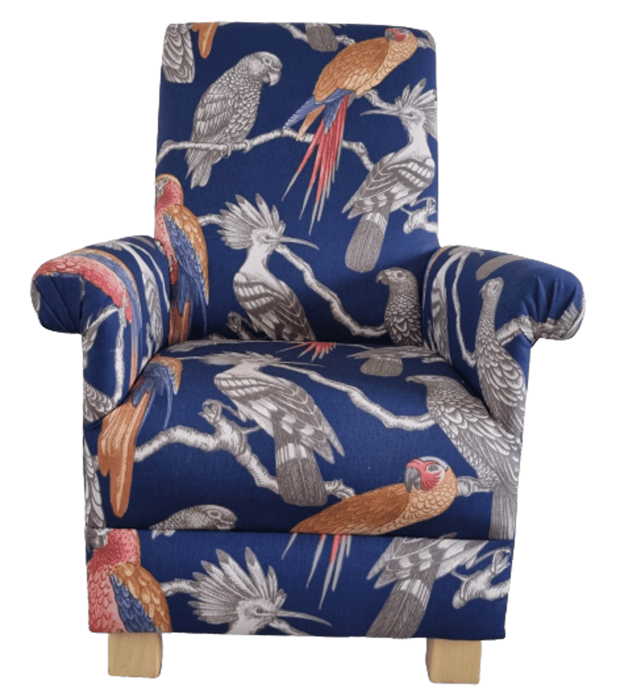 Adult Armchair iLiv Aviary Marine Blue Fabric Chair Navy Grey Birds Accent 