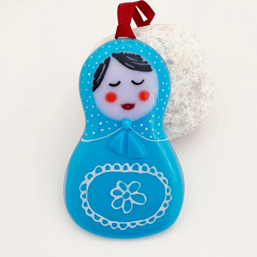 Fused Glass Matryoshka Doll Hanging Decoration (Turquoise)