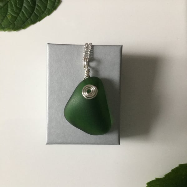 SOLD—-Bottle green Seaglass pendant