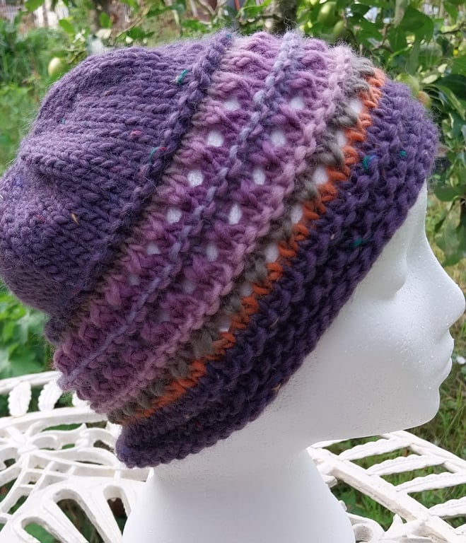 Handknit chunky wool hat col 4 Purple