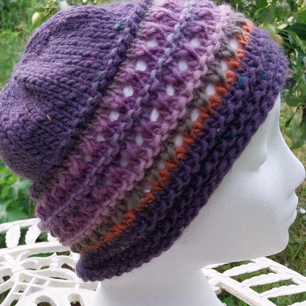 Handknit chunky wool hat col 4 Purple