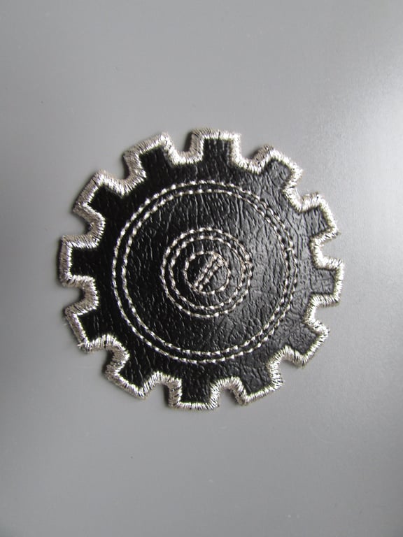 Embroidered Faux Black Leather Cog Steampunk Applique