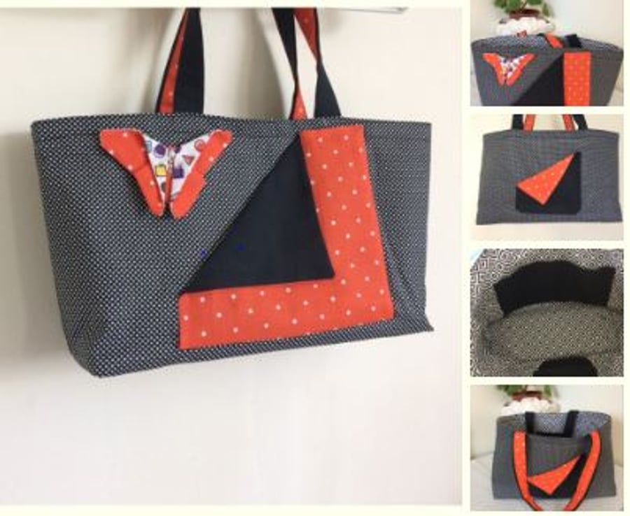 Tote Bag, Black Polka dot, orange Butterfly Bags, gift for her