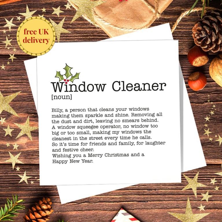 Window Cleaner Definition Christmas Card, personalised, blank inside