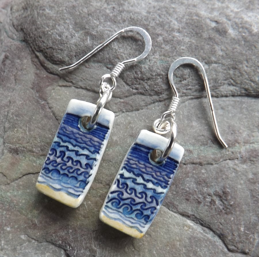 Handmade ceramic and sterling silver Waves drop earrings