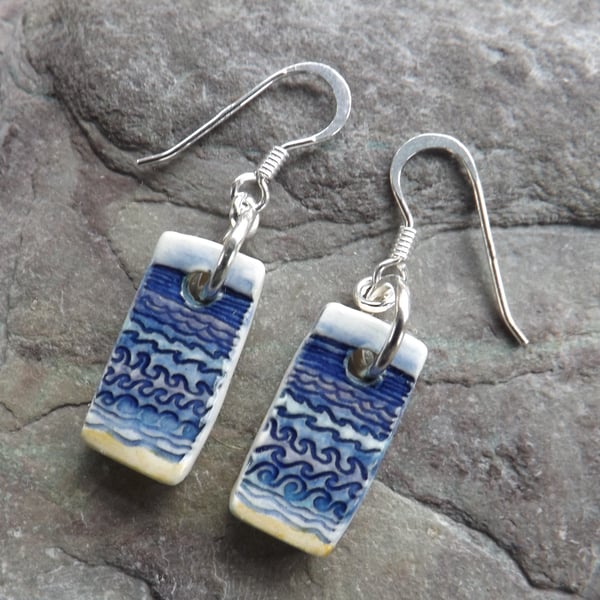 Handmade ceramic and sterling silver Waves drop earrings
