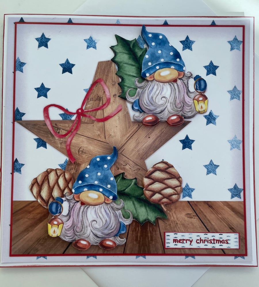 Cheerful Gnomes on a wooden star Christmas card