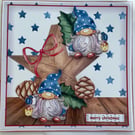 Cheerful Gnomes on a wooden star Christmas card