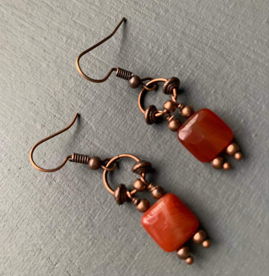 Earrings red agate squares and copper
