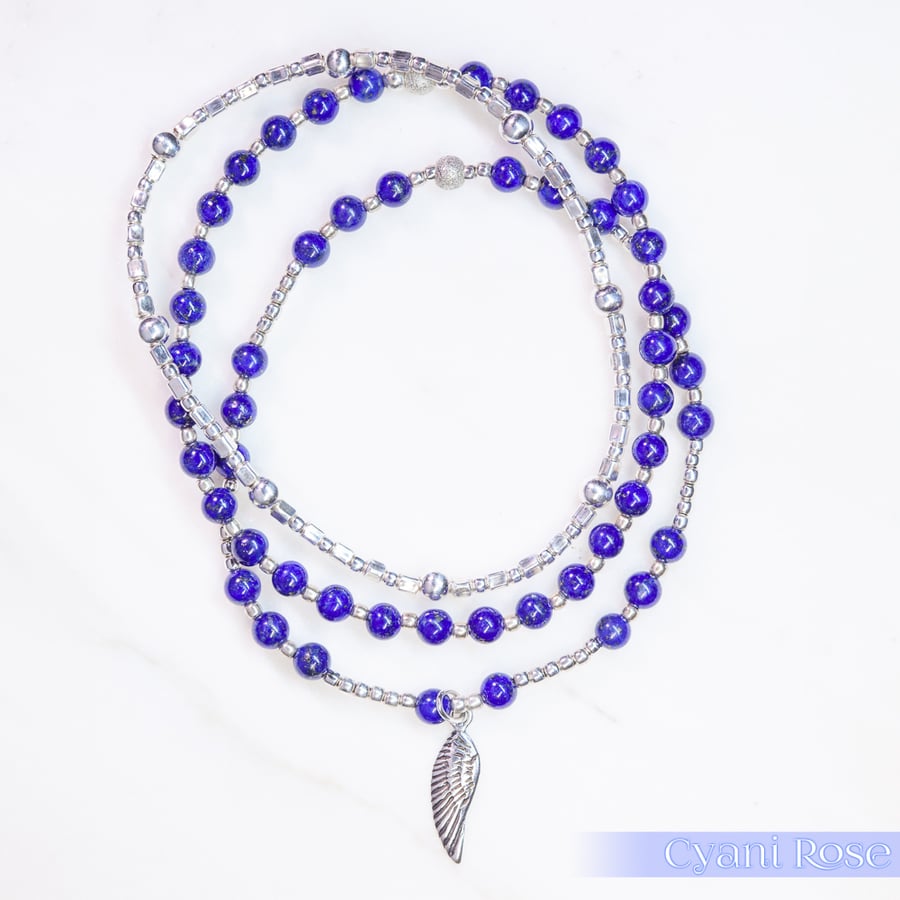 Bracelet Lapis Lazuli and Sterling Silver Angel Wing Charm handmade