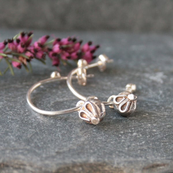 Sterling silver hoop earrings, botanical earrings