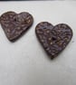 RESERVED 2 x Medium Dark Copper Leaf Sprig Texture Heart Shaped Ceramic Button - Image 2