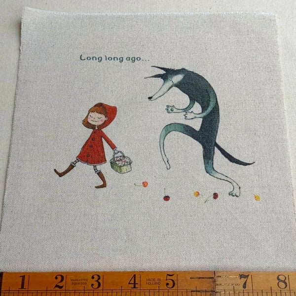 Screen printed fabric panel - Red Riding Hood and Wolf craft supply