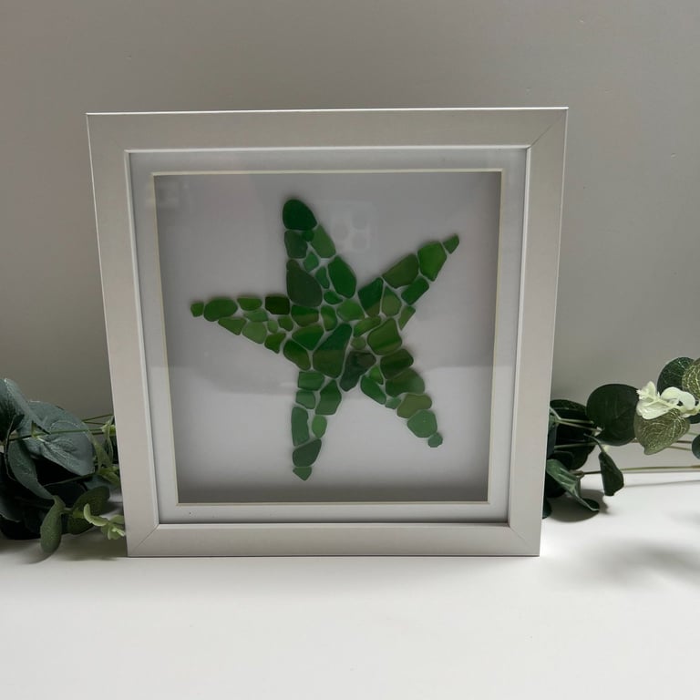 Sea Glass Wall Art: Starfish, Green, White Shadow Box Frame - Coastal home decor