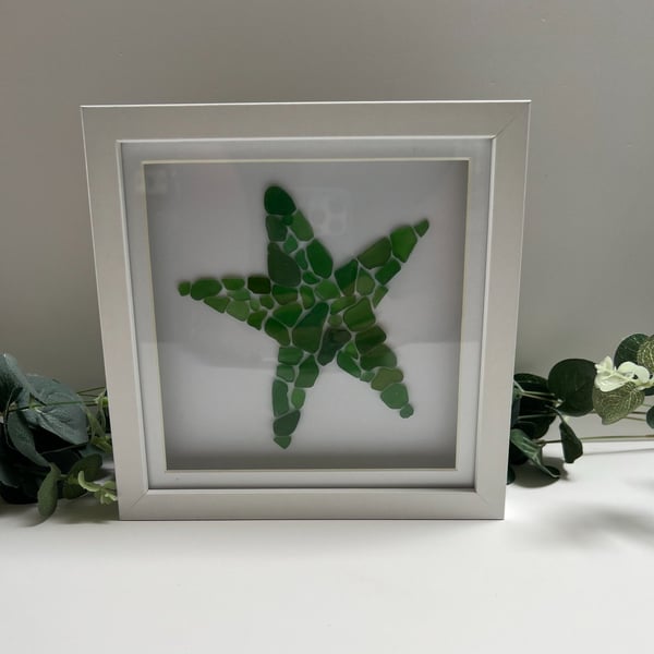 Sea Glass Wall Art: Starfish, Green, White Shadow Box Frame - Coastal home decor