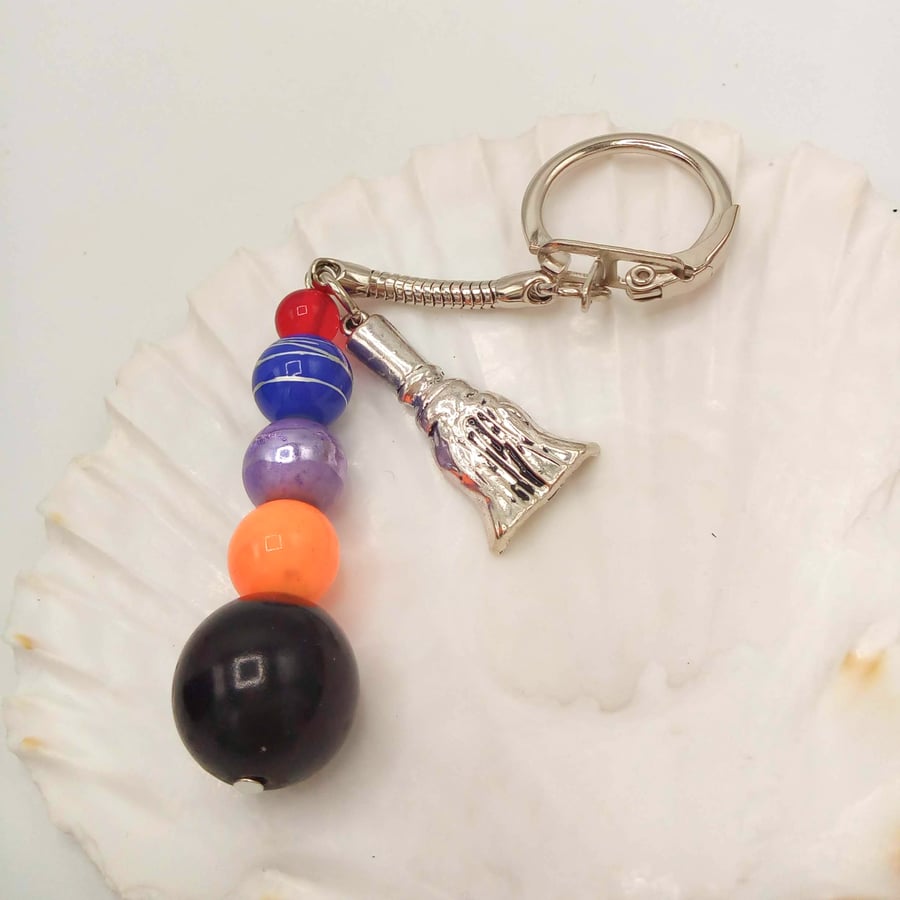 Silver Witches Broomstick Charm and Multi Coloured Crystal Bead Key Ring