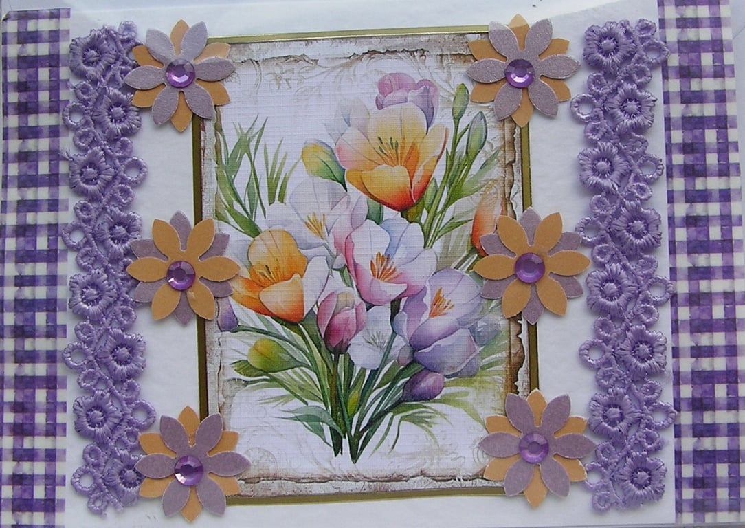 Purple& Orange Crocus Flowers - Hand Crafted Decoupage Card - Blank 3162