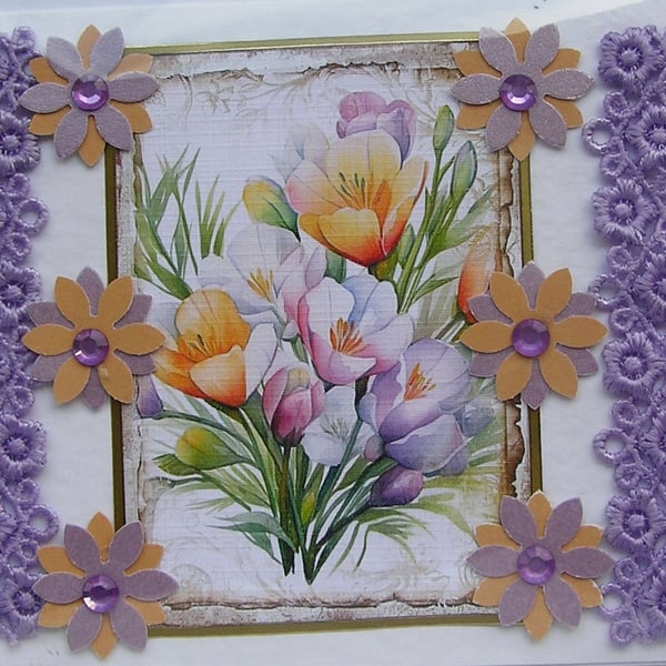 Purple& Orange Crocus Flowers - Hand Crafted Decoupage Card - Blank 3162