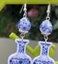 CERAMIC BEAD EARRINGS blue white resin vase shape silver plated - Image 5