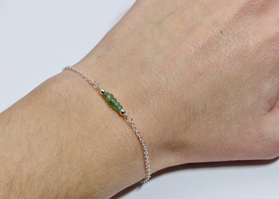 Dainty Emerald bead bar sterling silver adjustable bracelet, May birthstone gift
