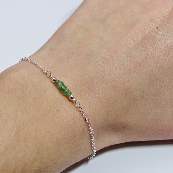 Dainty Emerald bead bar sterling silver adjustable bracelet, May birthstone gift