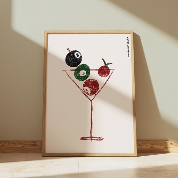 Pool Ball Martini Art Print Poster, Vintage Food Print, Trendy Retro Print, Drin