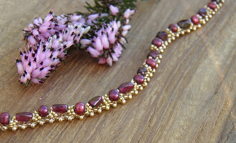 Garnet and Freshwater Pearl Bracelet with 24k Gold Seed Beads